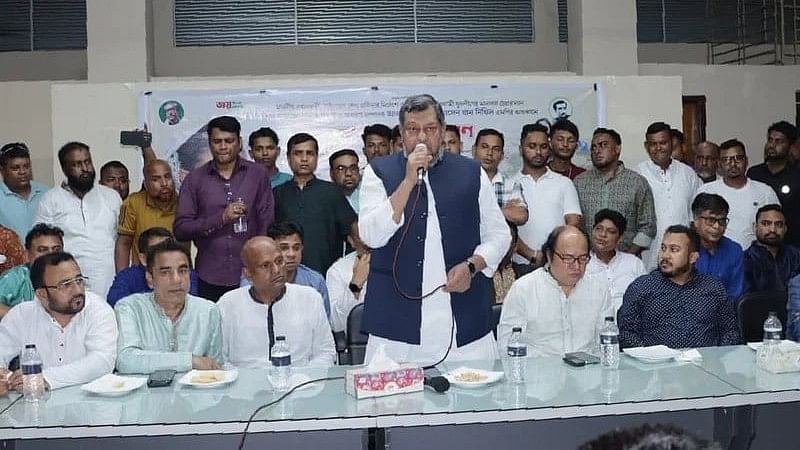 Jubo League general secretary and member of parliament Mainul Hossain Khan addresses a programme to distribute relief items among the flood affected people in Sylhet on 12 July 2024